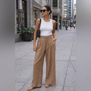 Gentle Fawn Beige Wide-Leg Trousers | Size M | Chic Tan Tailored Pants